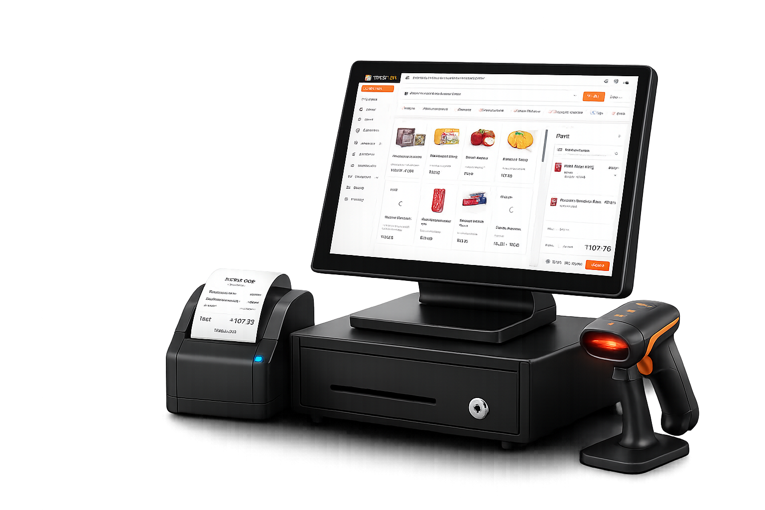 Point-of-sale terminal, receipt printer, and barcode scanner